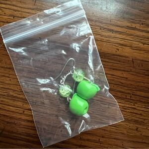 Green Apple dangly earrings with light green bead and silver post and jump ring